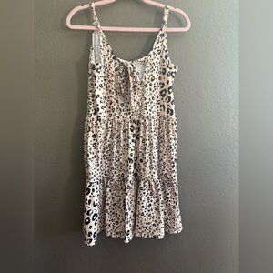 Beige Leopard Print Tiered Dress with Tie Back